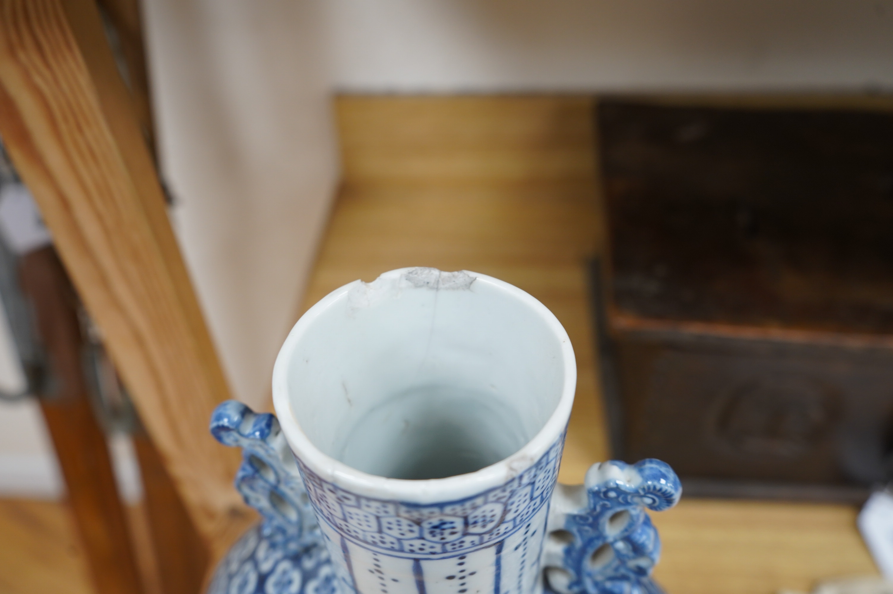 A Chinese blue and white moon flask, 36.5cm high. Condition fair, chips and hairline crack to the rim